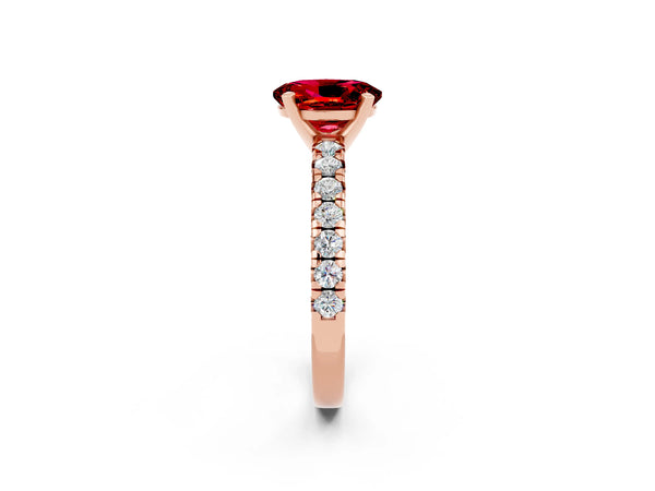 Rose Gold Oval Lab-Grown Ruby Solitaire Engagement Ring with Large Round Accent Band