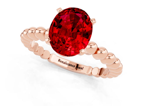 Rose gold Oval Cut Ruby Solitaire Ring with Beaded Band and Prong Setting_1