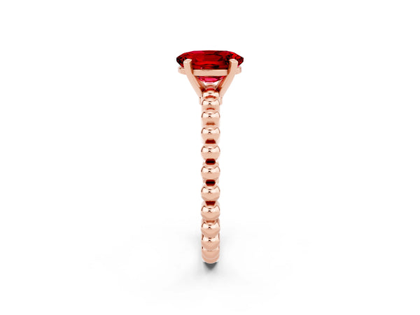 Rose gold Oval Cut Ruby Solitaire Ring with Beaded Band and Prong Setting