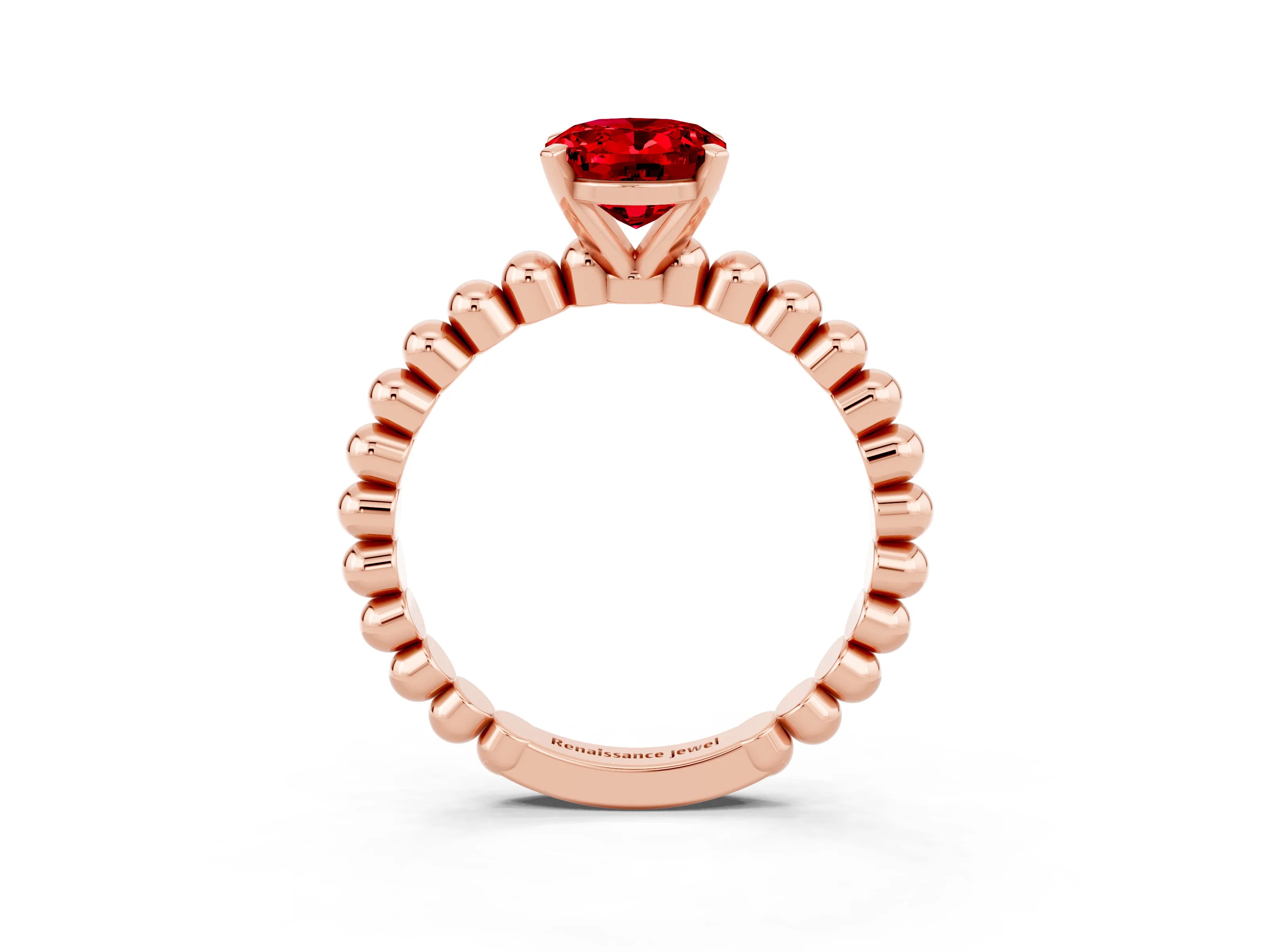 Rose gold Oval Cut Ruby Solitaire Ring with Beaded Band and Prong Setting_3
