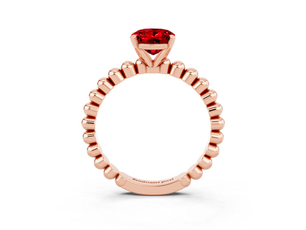 Rose gold Oval Cut Ruby Solitaire Ring with Beaded Band and Prong Setting