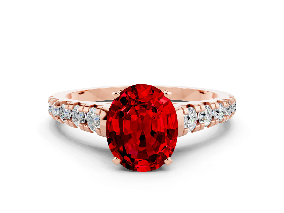 Rose gold Oval Cut Ruby Solitaire Ring with Cathedral Setting and Pavé Band