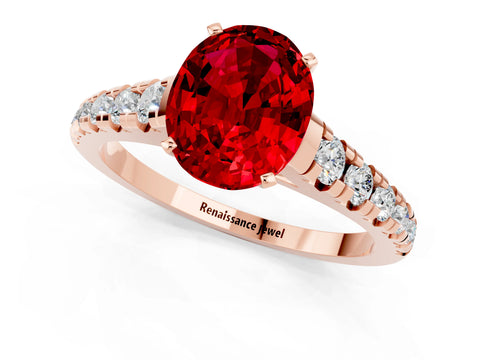 Rose gold Oval Cut Ruby Solitaire Ring with Cathedral Setting and Pavé Band_1