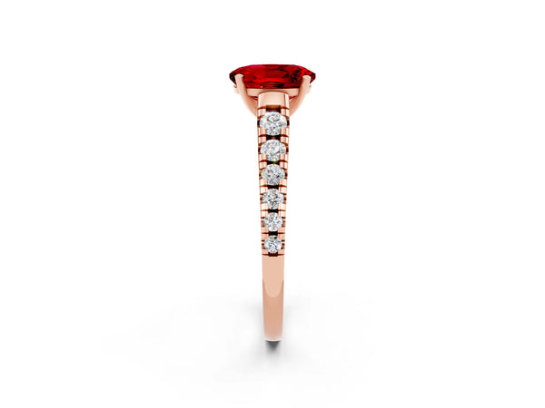Rose gold Oval Cut Ruby Cathedral Solitaire Ring with Round  Pavé Band