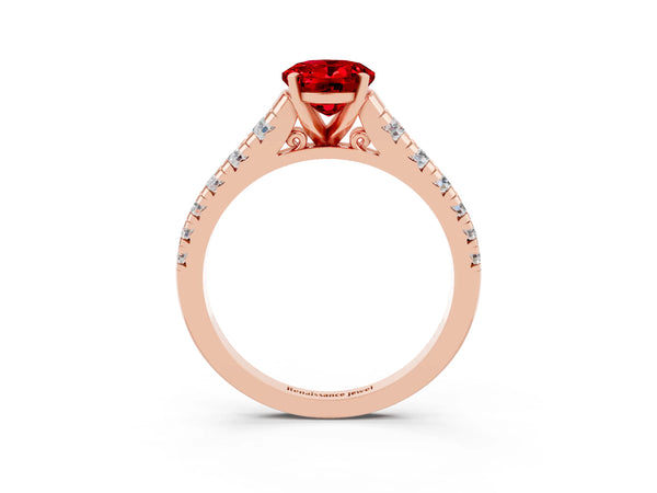 Rose gold Oval Cut Ruby Cathedral Solitaire Ring with Round  Pavé Band