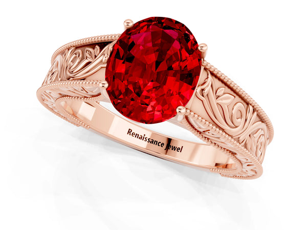 Rose gold Oval Cut Ruby Solitaire Ring with Engraved Band and Four-Prong Setting