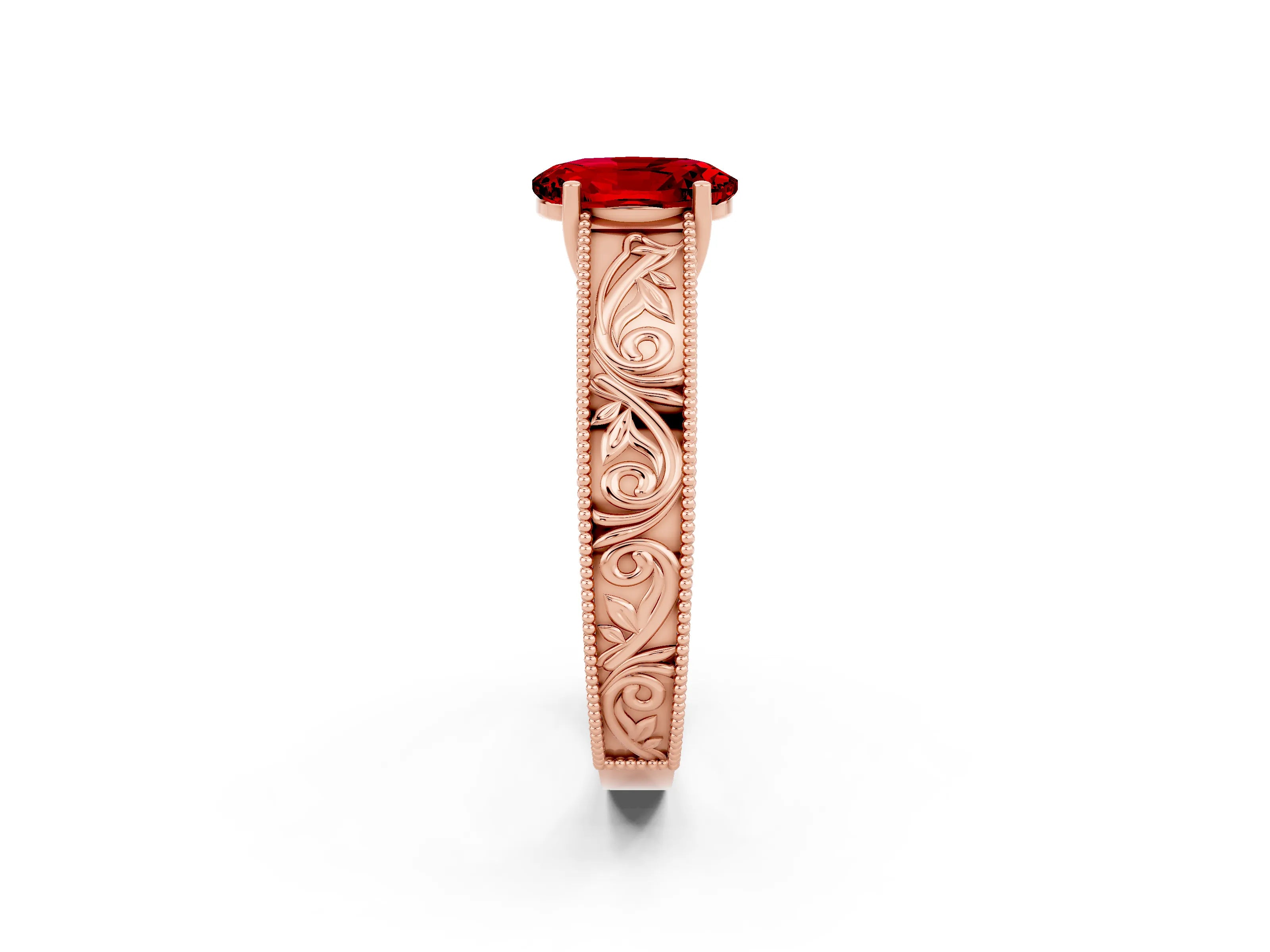 Rose gold Oval Cut Ruby Solitaire Ring with Engraved Band and Four-Prong Setting_2