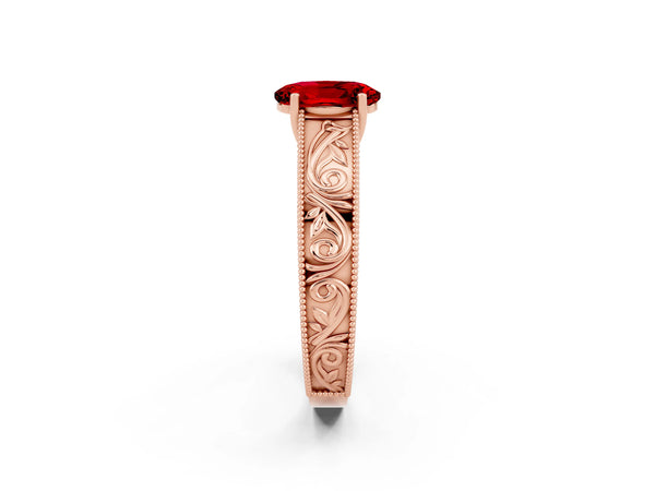 Rose gold Oval Cut Ruby Solitaire Ring with Engraved Band and Four-Prong Setting