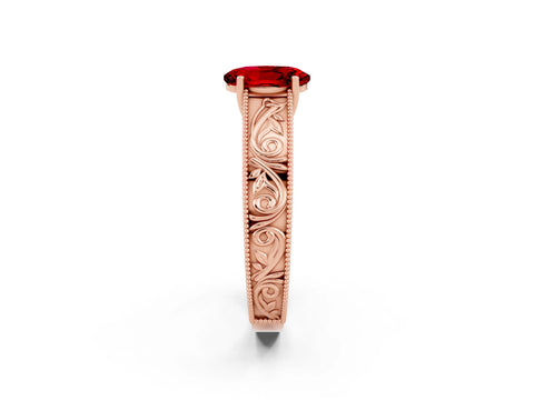 Rose gold Oval Cut Ruby Solitaire Ring with Engraved Band and Four-Prong Setting_2