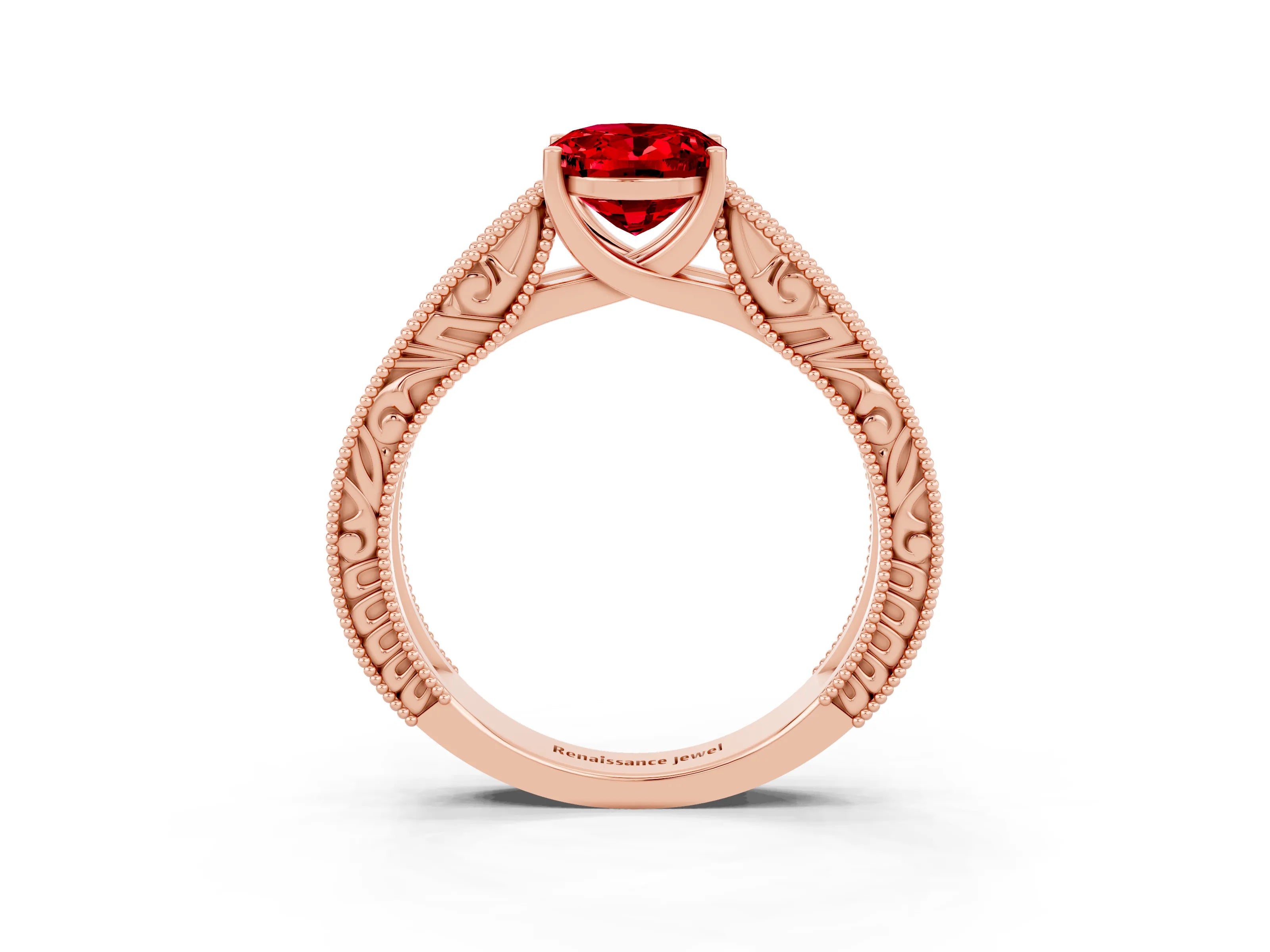 Rose gold Oval Cut Ruby Solitaire Ring with Engraved Band and Four-Prong Setting_3