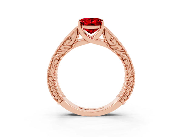 Rose gold Oval Cut Ruby Solitaire Ring with Engraved Band and Four-Prong Setting