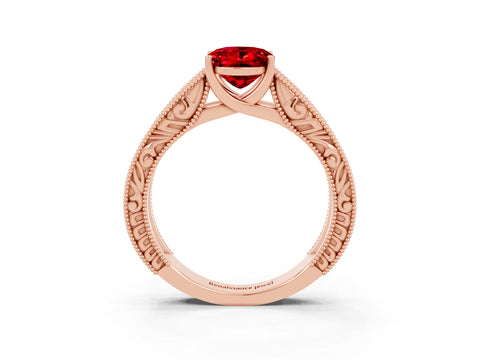Rose gold Oval Cut Ruby Solitaire Ring with Engraved Band and Four-Prong Setting_3