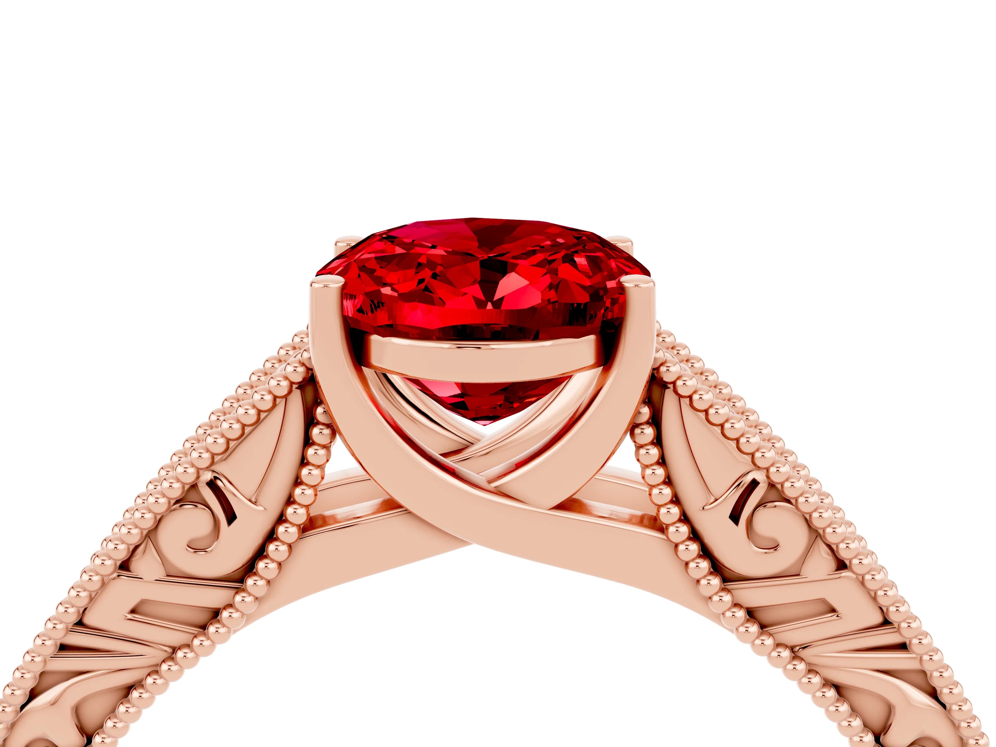 Rose gold Oval Cut Ruby Solitaire Ring with Engraved Band and Four-Prong Setting_4