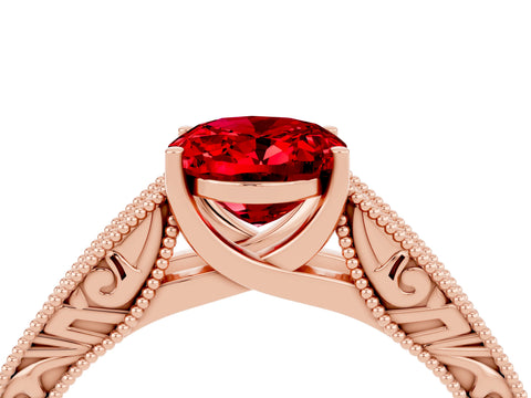 Rose gold Oval Cut Ruby Solitaire Ring with Engraved Band and Four-Prong Setting_4