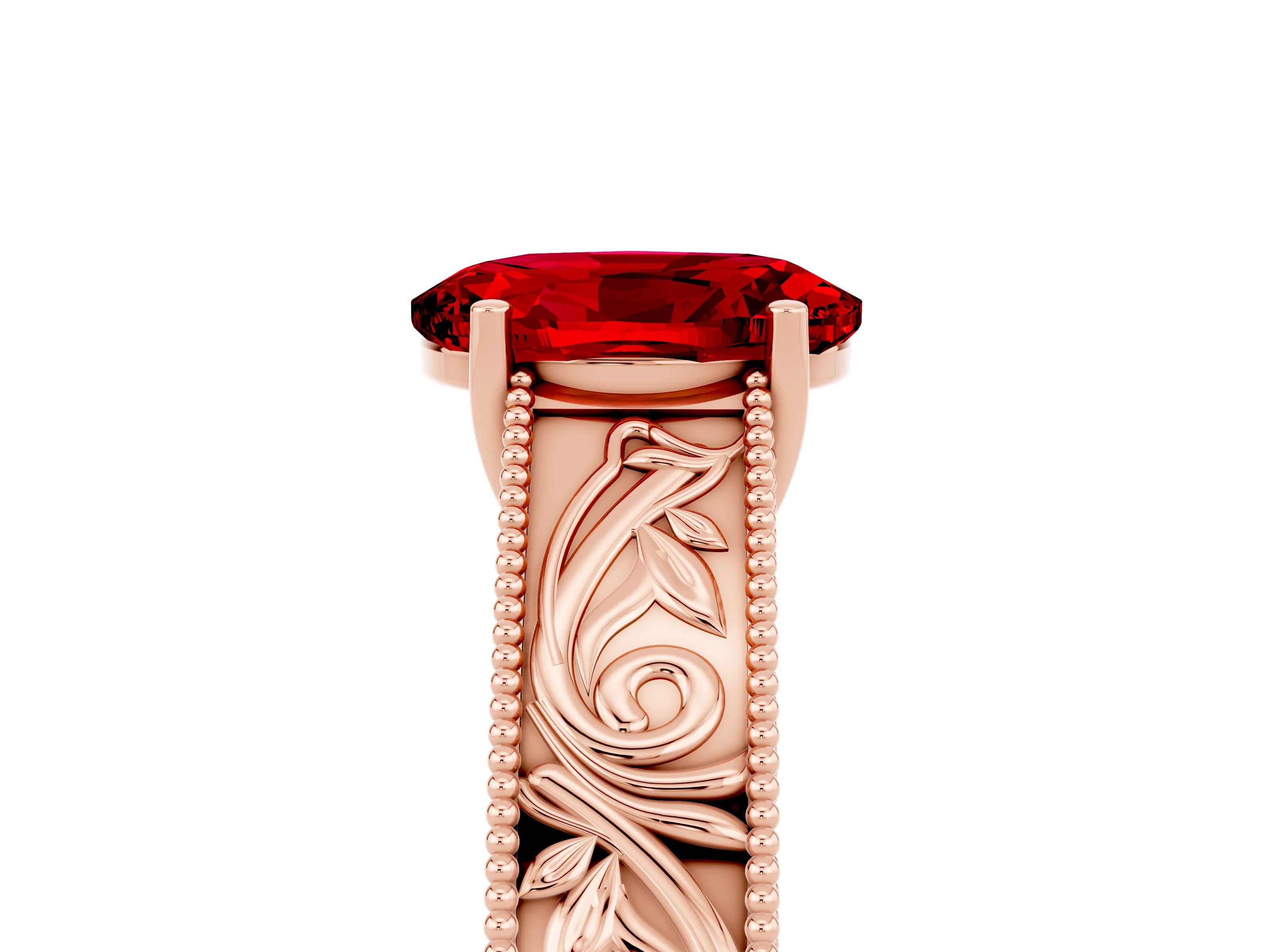 Rose gold Oval Cut Ruby Solitaire Ring with Engraved Band and Four-Prong Setting_5