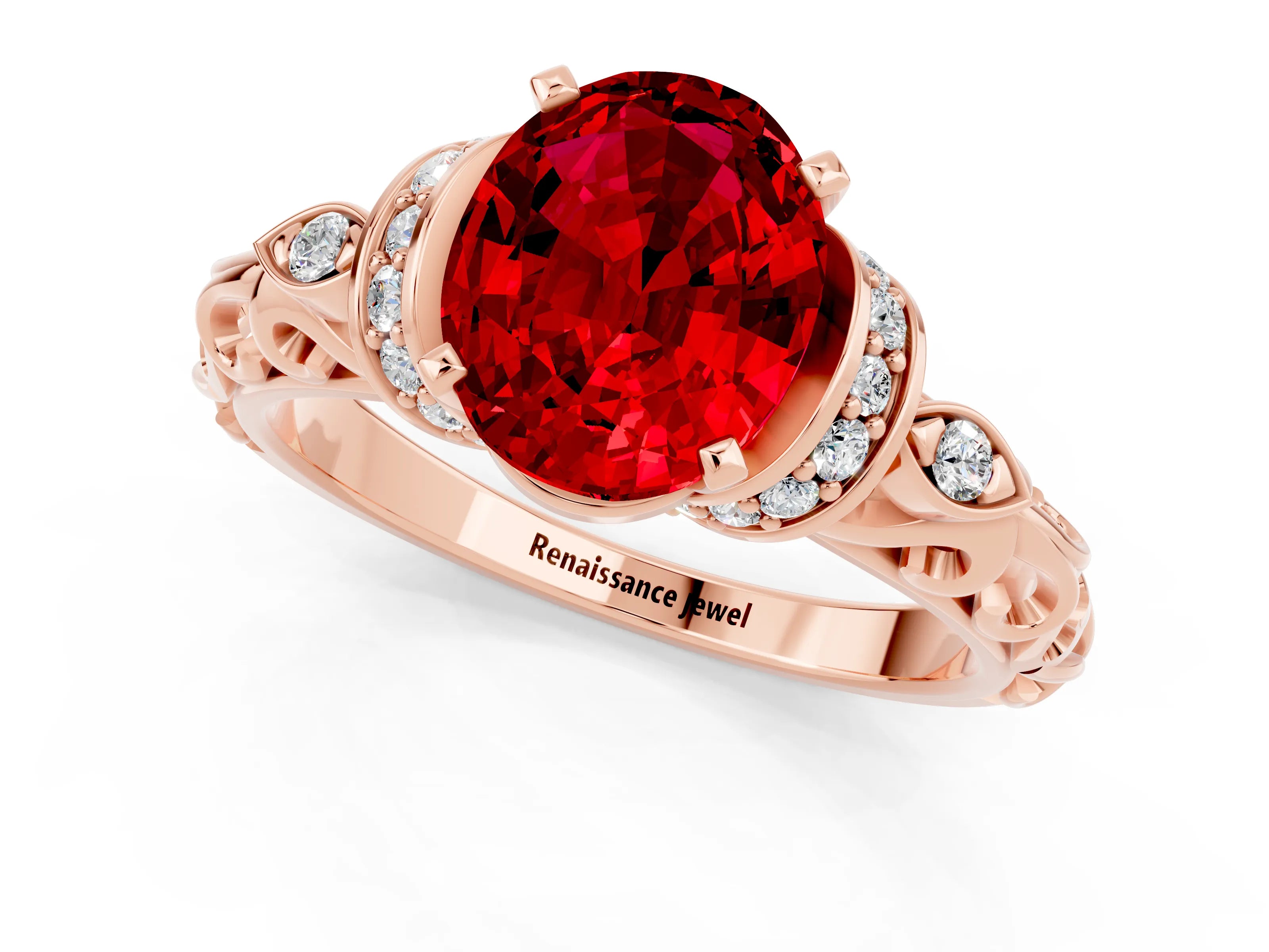 Rose gold Oval Cut Ruby Solitaire Ring with Filigree Band and Four-Prong Setting_37