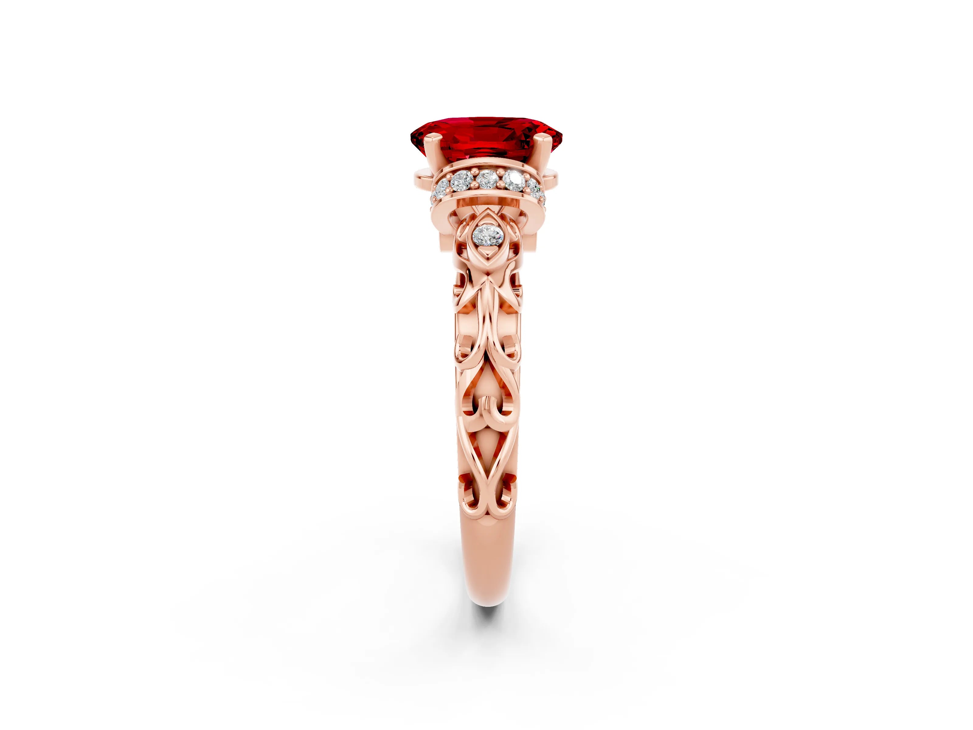 Rose gold Oval Cut Ruby Solitaire Ring with Filigree Band and Four-Prong Setting_38