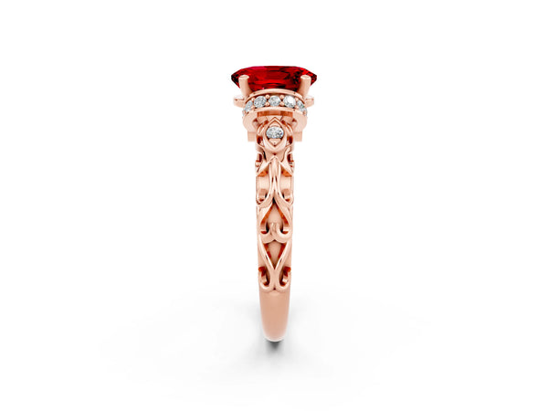 Rose gold Oval Cut Ruby Solitaire Ring with Filigree Band and Four-Prong Setting