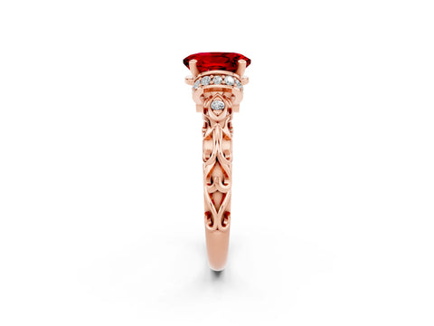 Rose gold Oval Cut Ruby Solitaire Ring with Filigree Band and Four-Prong Setting_38