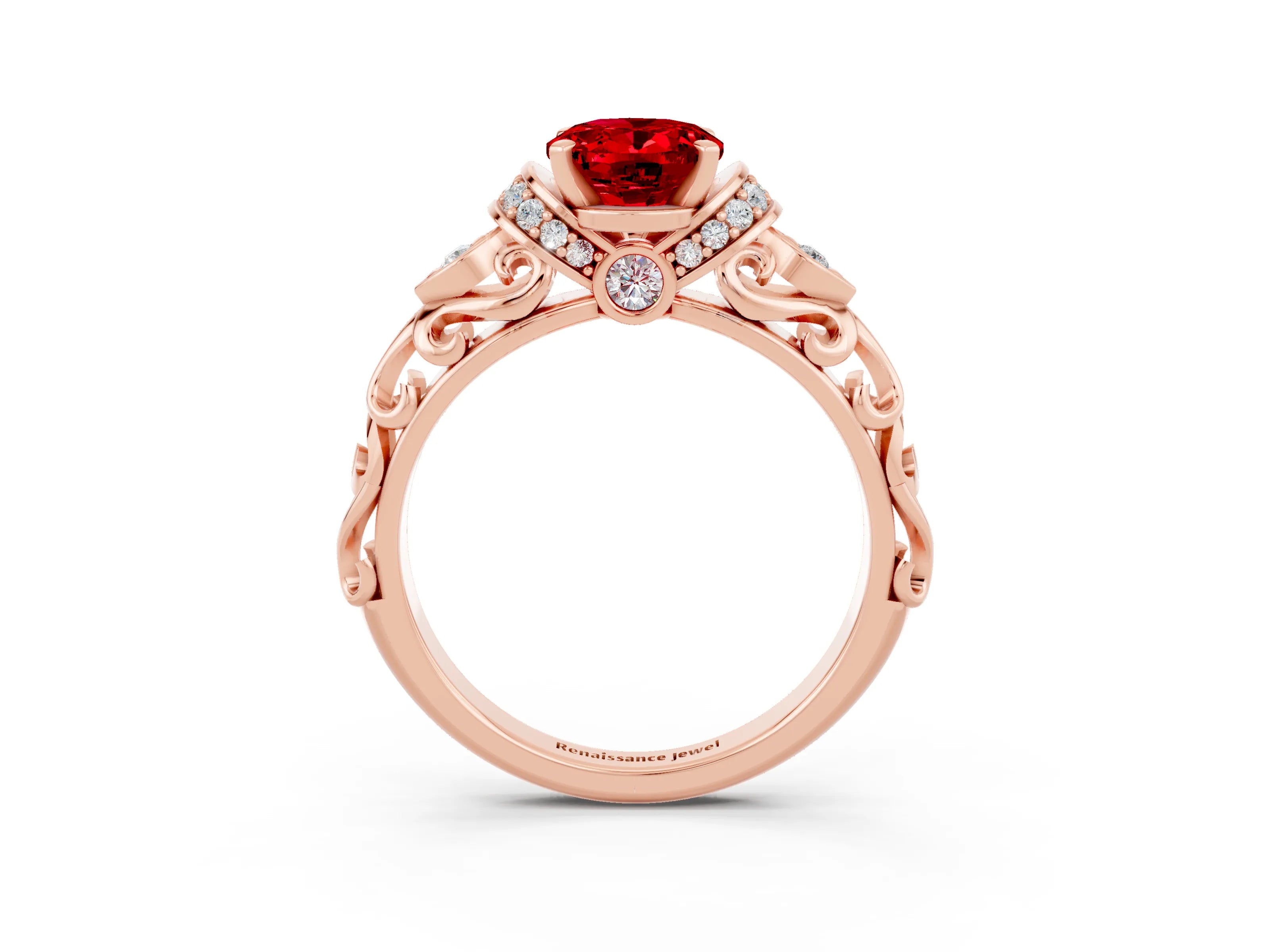 Rose gold Oval Cut Ruby Solitaire Ring with Filigree Band and Four-Prong Setting_39