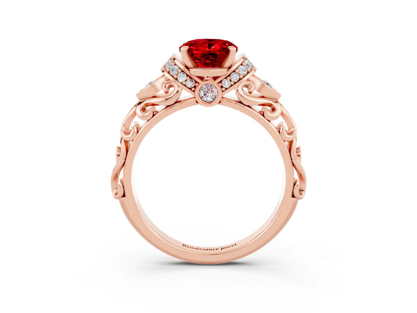 Rose gold Oval Cut Ruby Solitaire Ring with Filigree Band and Four-Prong Setting