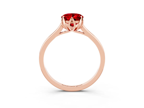 Rose gold Oval Cut Ruby Solitaire Ring with Flower Prong Setting and Classic Band