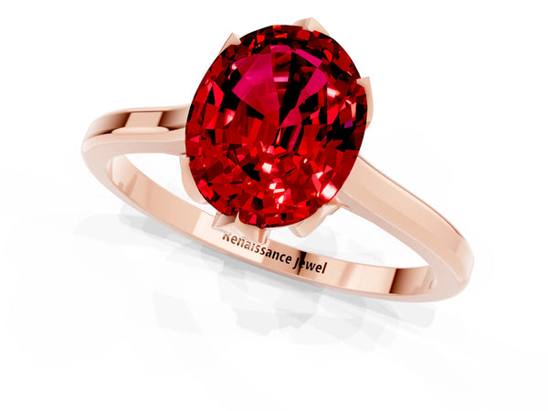 Rose gold Oval Cut Ruby Solitaire Ring with Flower Prong Setting and Classic Band