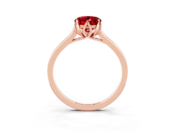 Rose gold Oval Cut Ruby Solitaire Ring with Flower Prong Setting and Classic Band