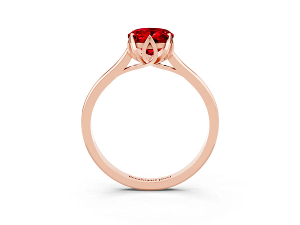 Rose Gold Oval Lab-Grown Ruby Floral Solitaire Engagement Ring with Flower Prong Head and Plain Band