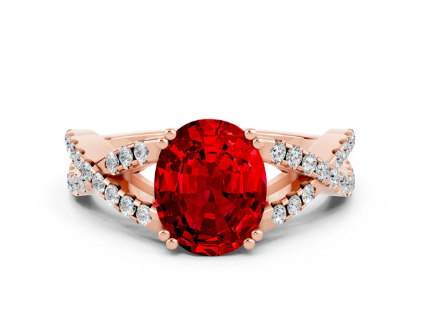 Rose gold Oval Cut Ruby Solitaire Ring with Four-Prong Setting and Twisted Pavé Band