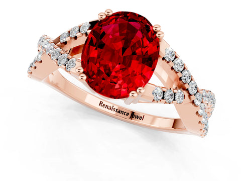 Rose gold Oval Cut Ruby Solitaire Ring with Four-Prong Setting and Twisted Pavé Band_1