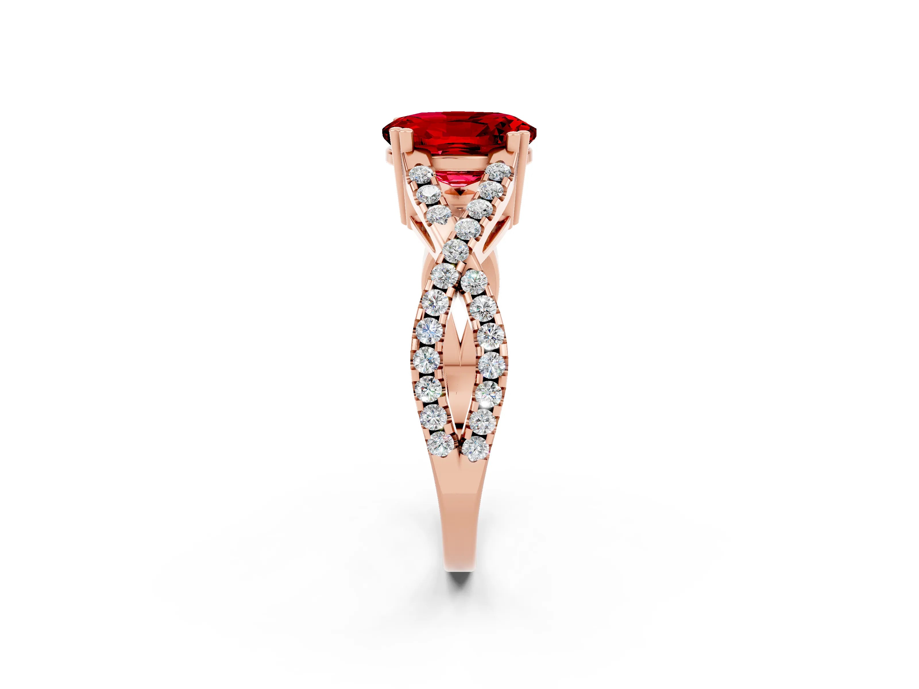 Rose gold Oval Cut Ruby Solitaire Ring with Four-Prong Setting and Twisted Pavé Band_2