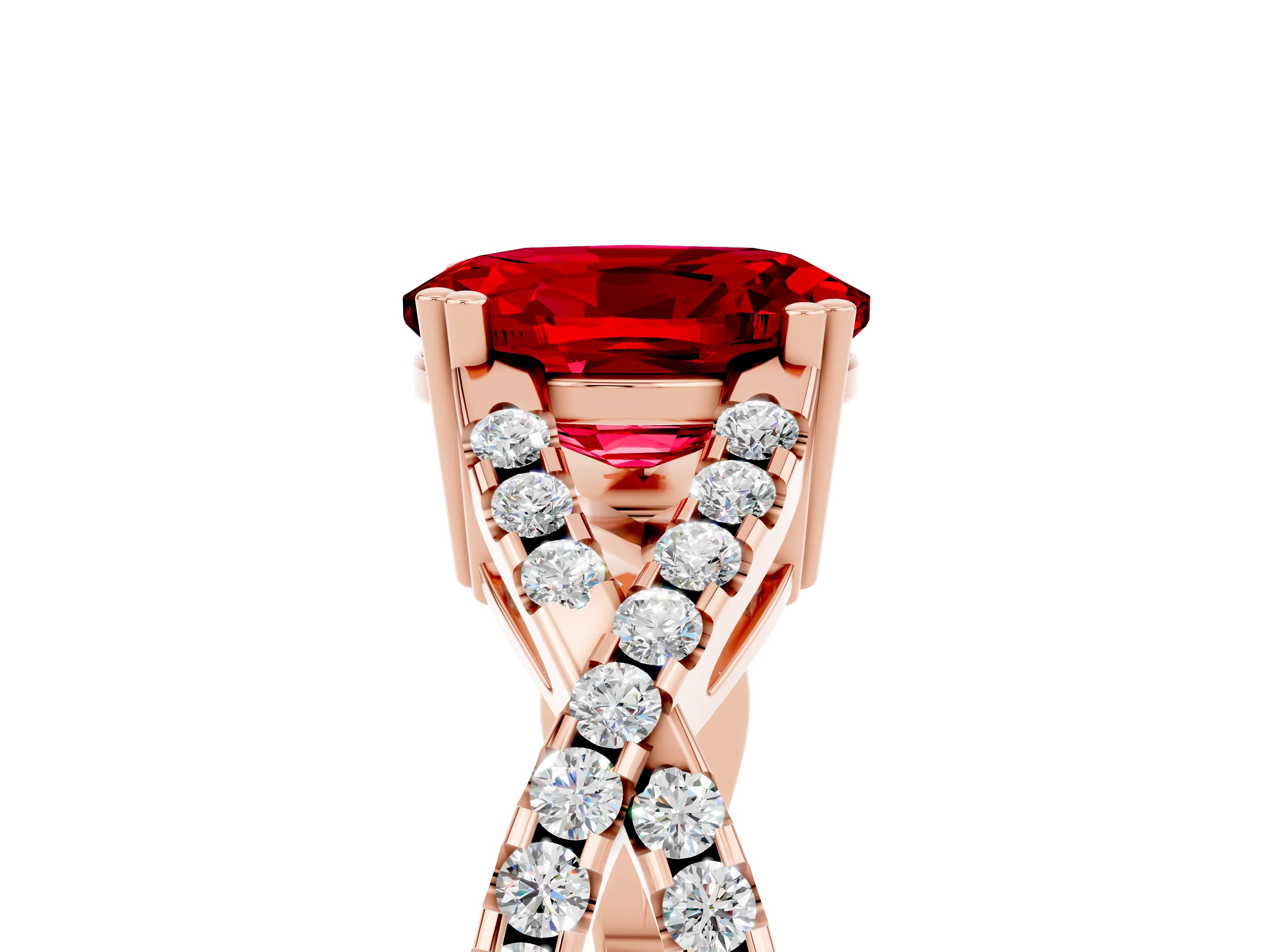 Rose gold Oval Cut Ruby Solitaire Ring with Four-Prong Setting and Twisted Pavé Band_5