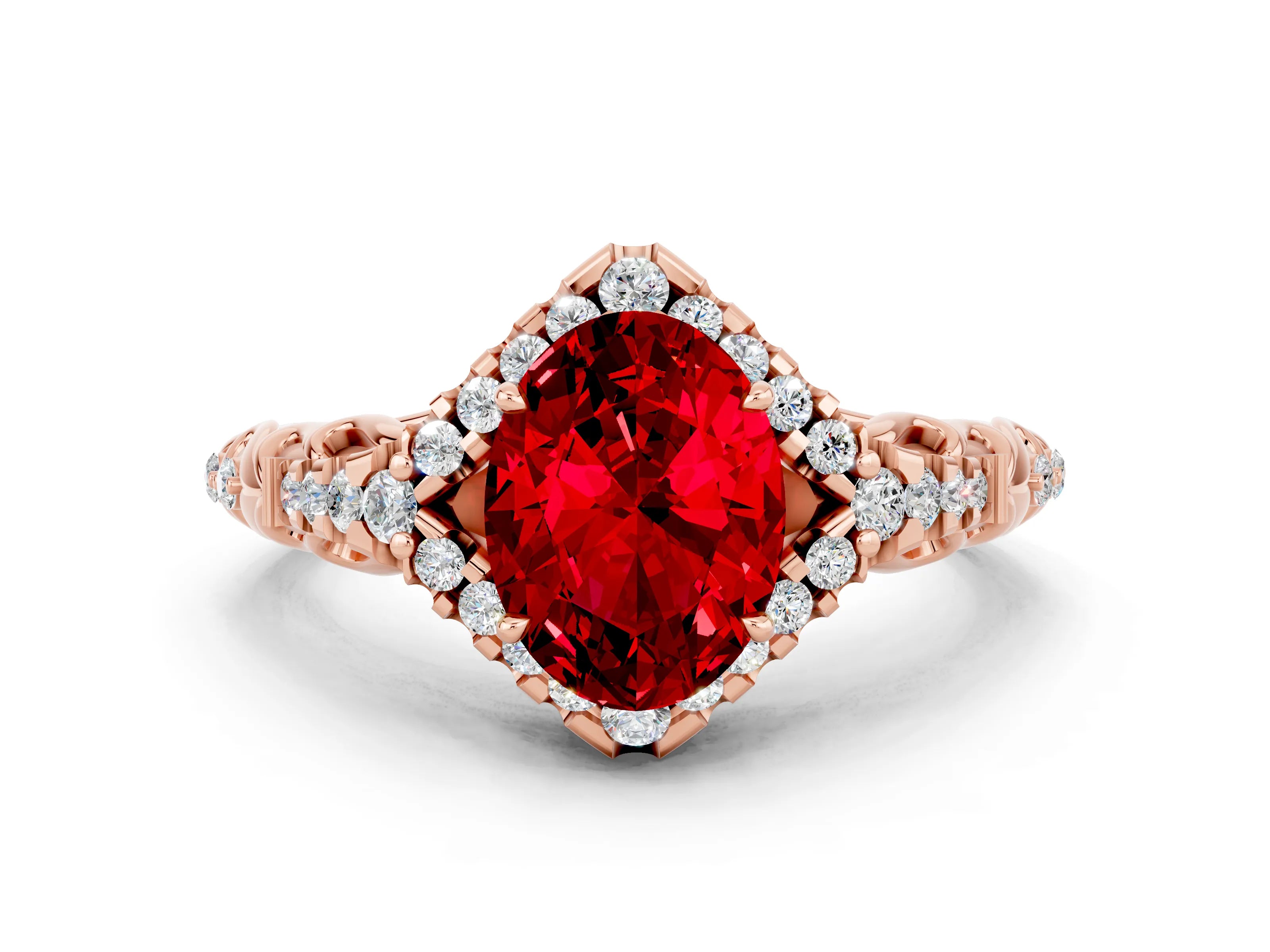Rose gold Oval Cut Ruby Solitaire Ring with Hidden Halo and Pavé Band_12