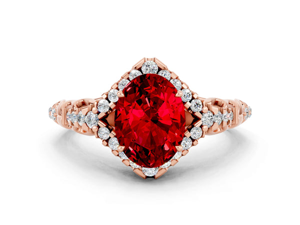 Rose gold Oval Cut Ruby Solitaire Ring with Hidden Halo and Pavé Band