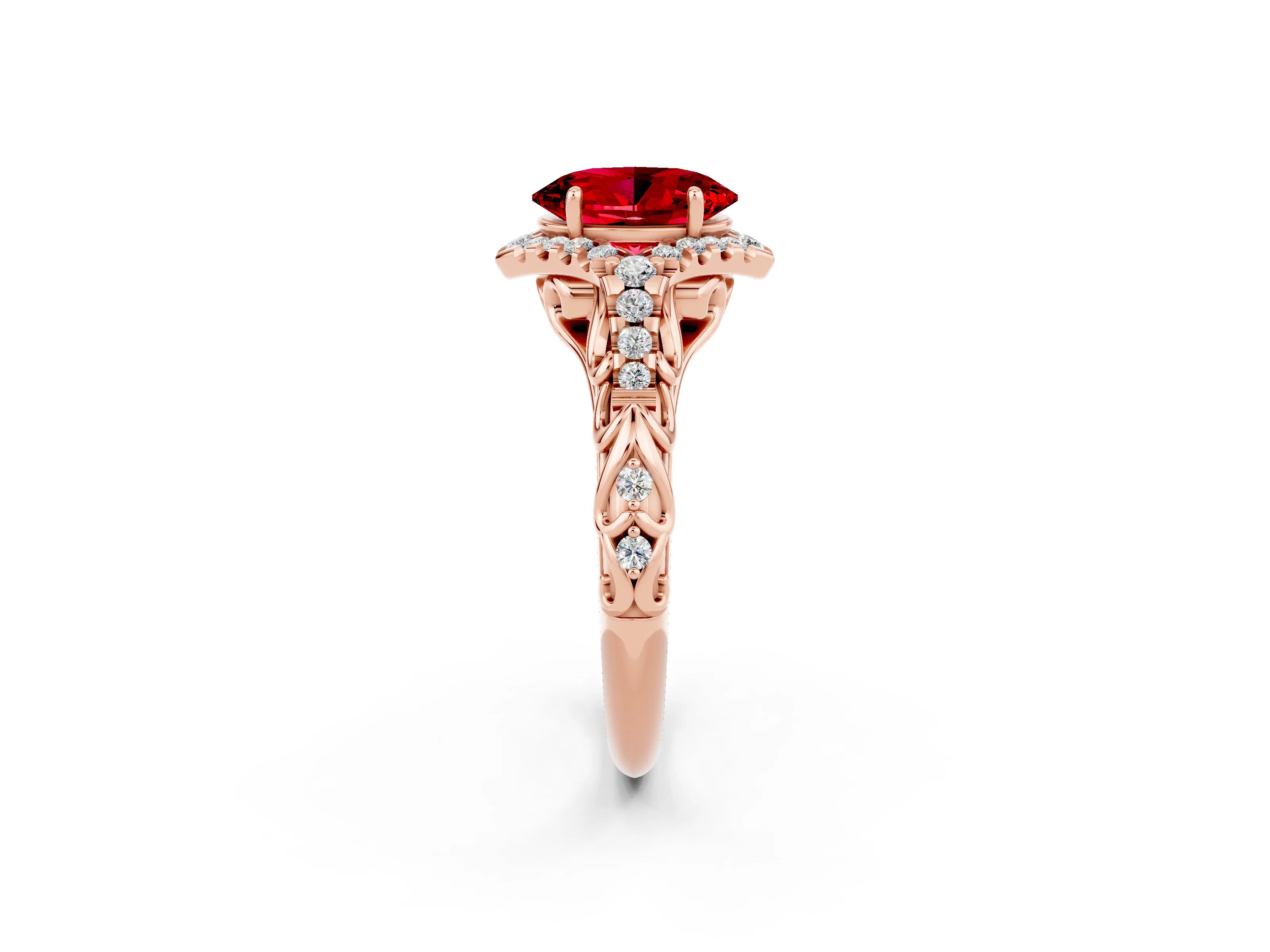 Rose gold Oval Cut Ruby Solitaire Ring with Hidden Halo and Pavé Band_14