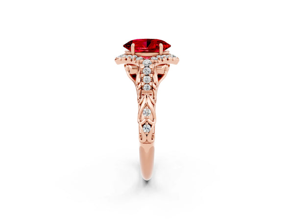 Rose gold Oval Cut Ruby Solitaire Ring with Hidden Halo and Pavé Band