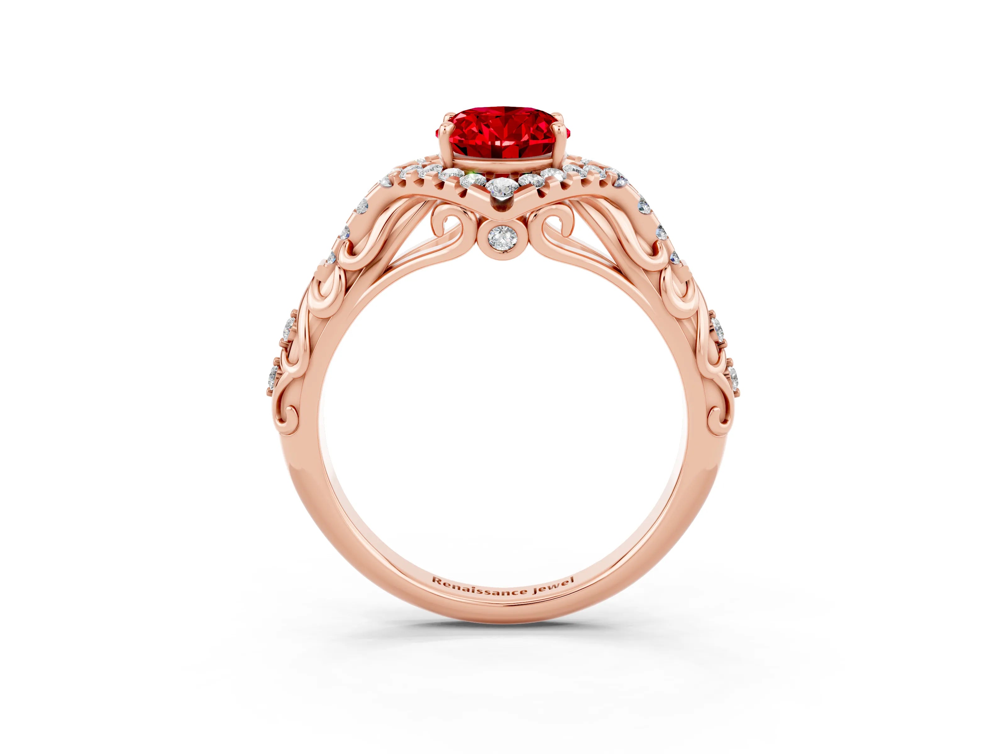 Rose gold Oval Cut Ruby Solitaire Ring with Hidden Halo and Pavé Band_15