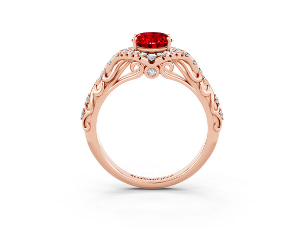 Rose gold Oval Cut Ruby Solitaire Ring with Hidden Halo and Pavé Band