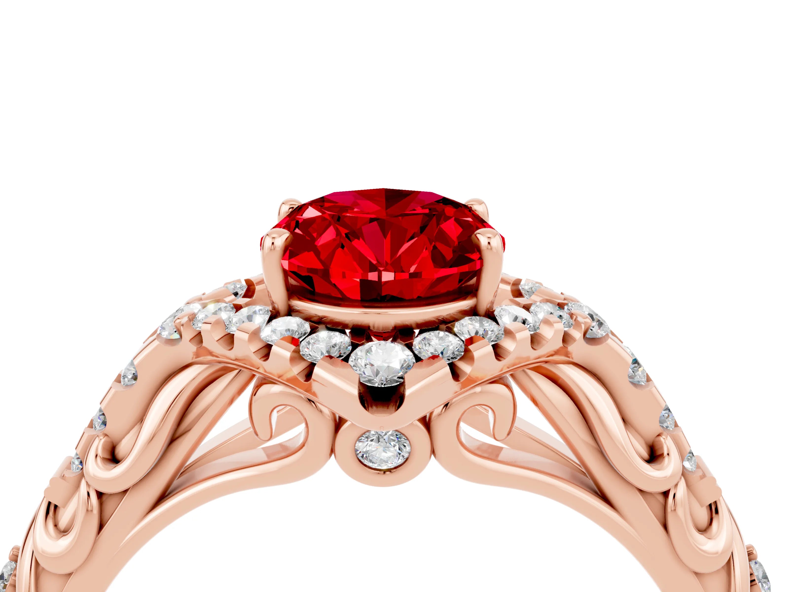 Rose gold Oval Cut Ruby Solitaire Ring with Hidden Halo and Pavé Band_16