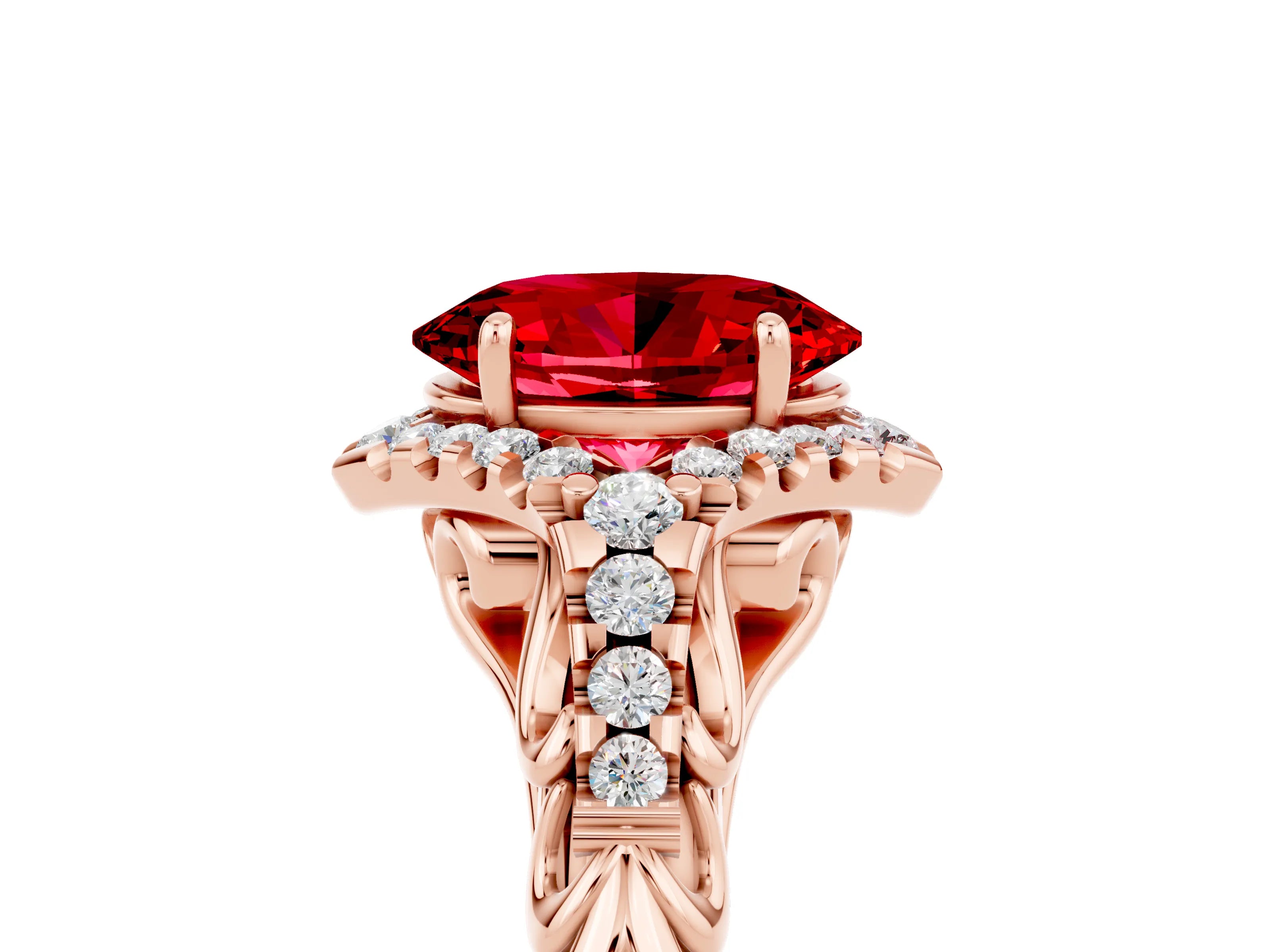 Rose gold Oval Cut Ruby Solitaire Ring with Hidden Halo and Pavé Band_17