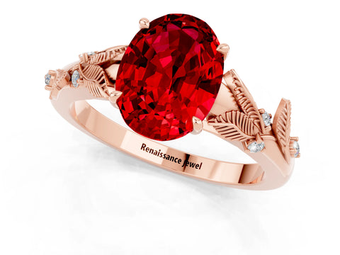 Rose gold Oval Cut Ruby Solitaire Ring with Leaf Motif Band and Four-Prong Setting_1