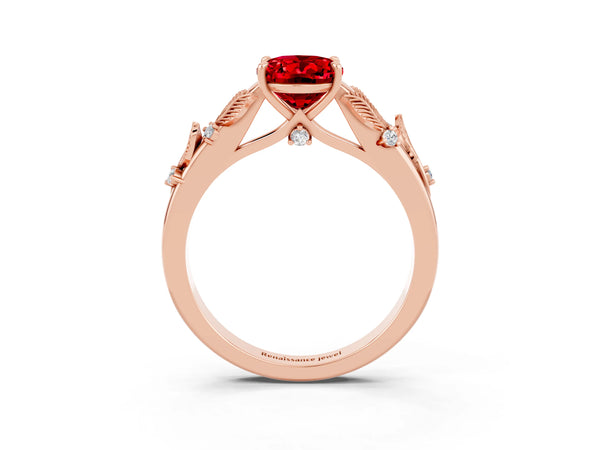 Rose gold Oval Cut Ruby Solitaire Ring with Leaf Motif Band and Four-Prong Setting