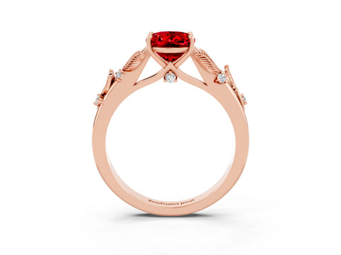 Rose gold Oval Cut Ruby Solitaire Ring with Leaf Motif Band and Four-Prong Setting_3