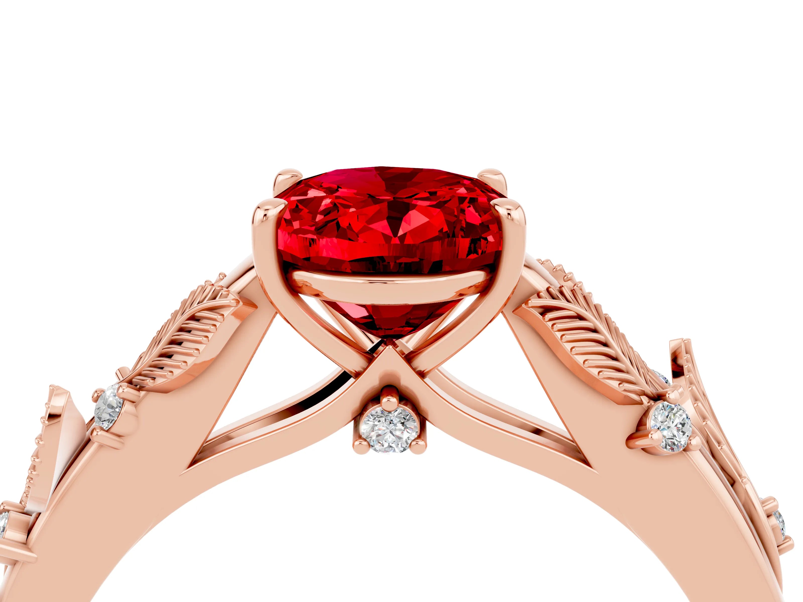 Rose gold Oval Cut Ruby Solitaire Ring with Leaf Motif Band and Four-Prong Setting_4