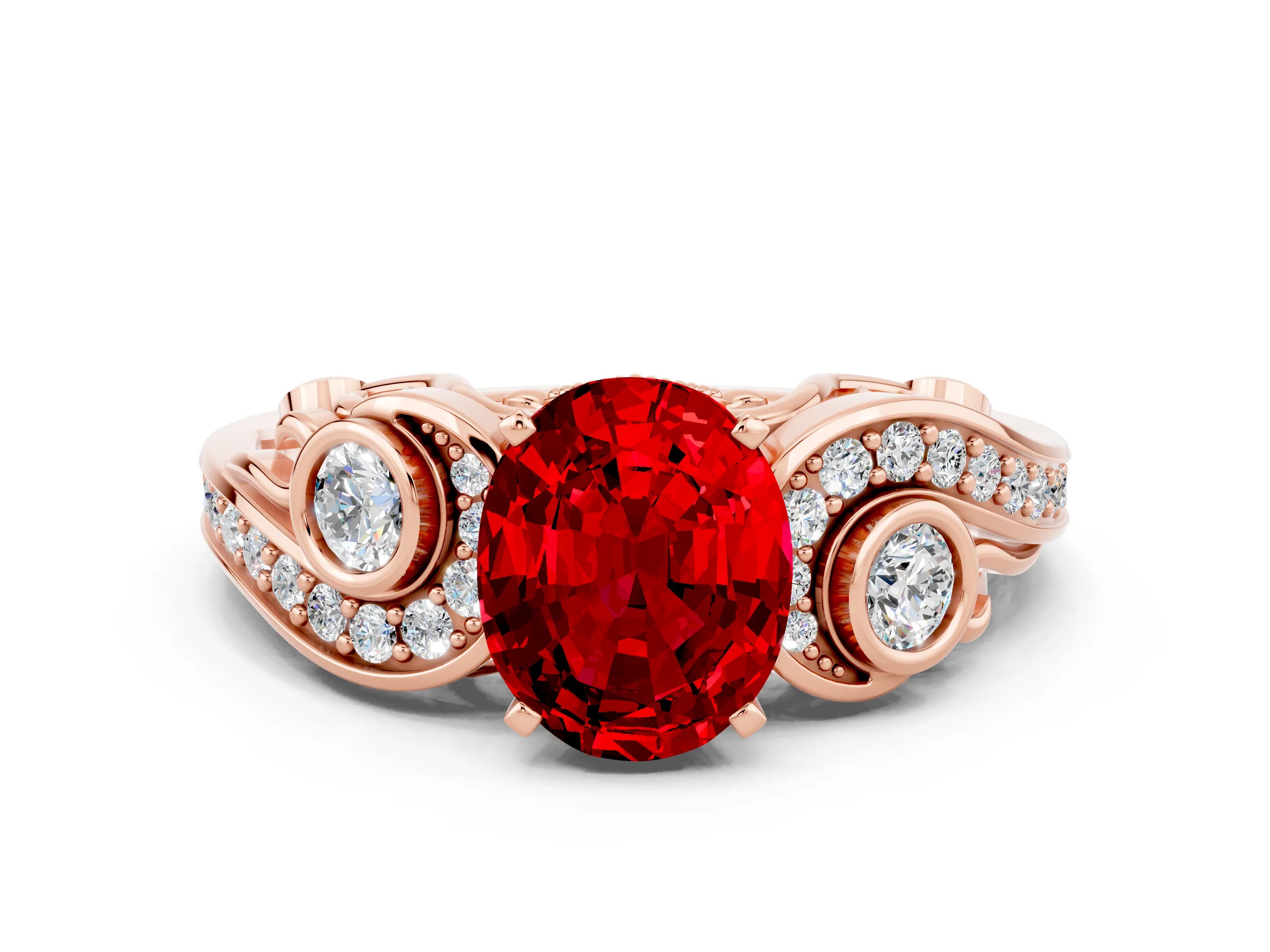 Rose gold Oval Cut Ruby Solitaire Ring with Milgrain Pavé Band and Four-Prong Setting_24