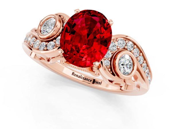 Rose gold Oval Cut Ruby Solitaire Ring with Milgrain Pavé Band and Four-Prong Setting