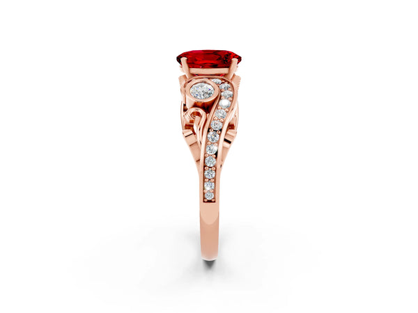Rose gold Oval Cut Ruby Solitaire Ring with Milgrain Pavé Band and Four-Prong Setting