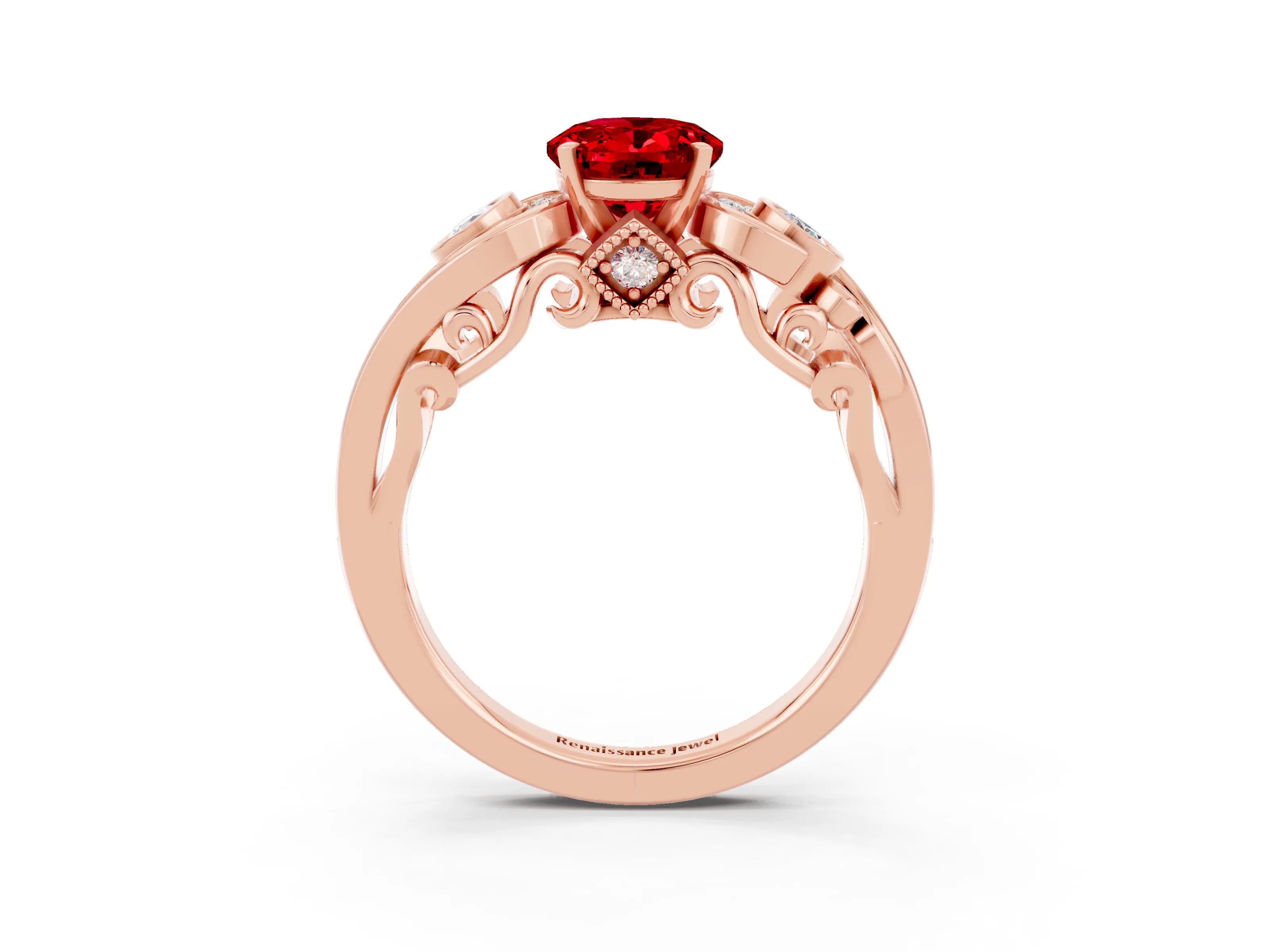 Rose gold Oval Cut Ruby Solitaire Ring with Milgrain Pavé Band and Four-Prong Setting_27