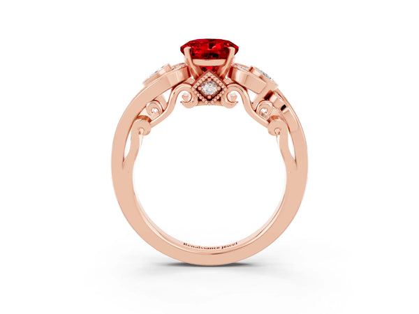 Rose gold Oval Cut Ruby Solitaire Ring with Milgrain Pavé Band and Four-Prong Setting